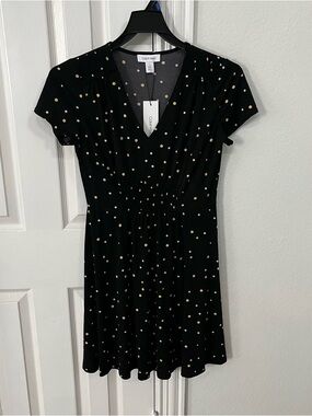 Calvin Klein Black Mini Dress with Gold & Cream Polka Dots
